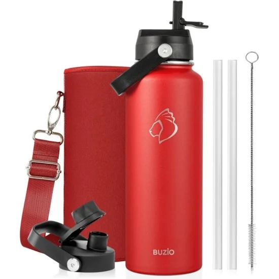 Buzio Duet Series Water Bottle with 2 Lids and Sleeve 1.2L - Red